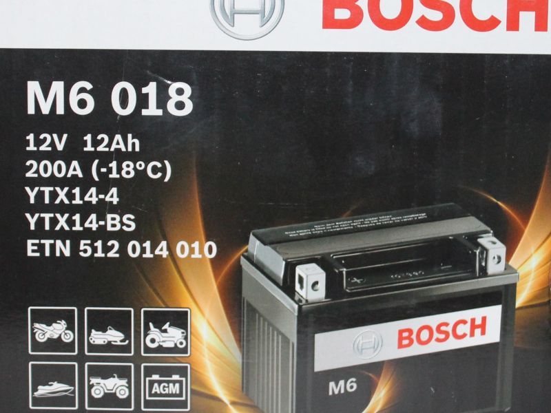 Аккумулятор BOSCH M6 018 YTX14-BS YTX14-4 оригинал (арт. 0092M60180), аналог 31500-HP0-305, 31500-HA7-303, 31500-HA7-304, 31500-HA7-670, 31500-HA7-671, 31500-HA7-672, 31500-HA7-673, 31500-HA7-674, 31500HP0305, 31500HA7303, 31500HA7304, 31500HA7670